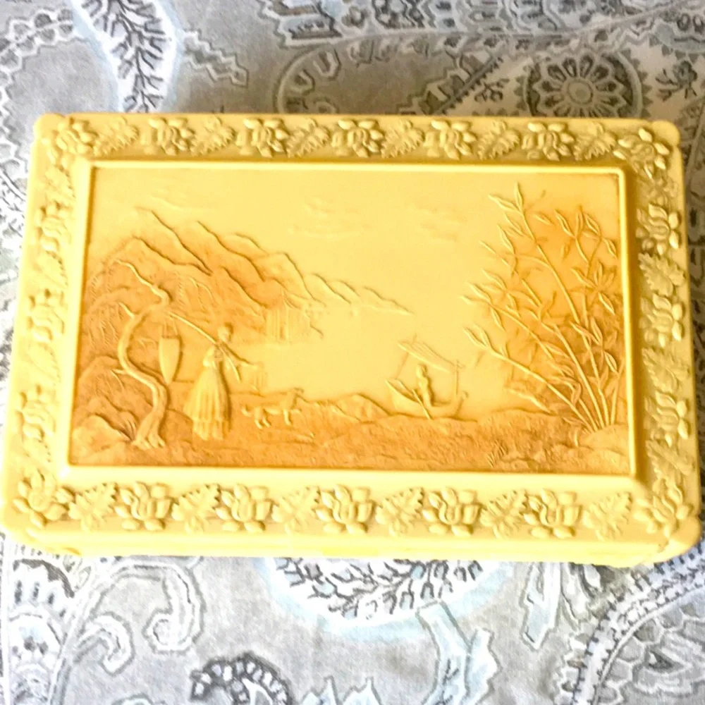 Vintage Celluloid Faux Ivory Lotus Japanese Garden Jewelry lidded box.